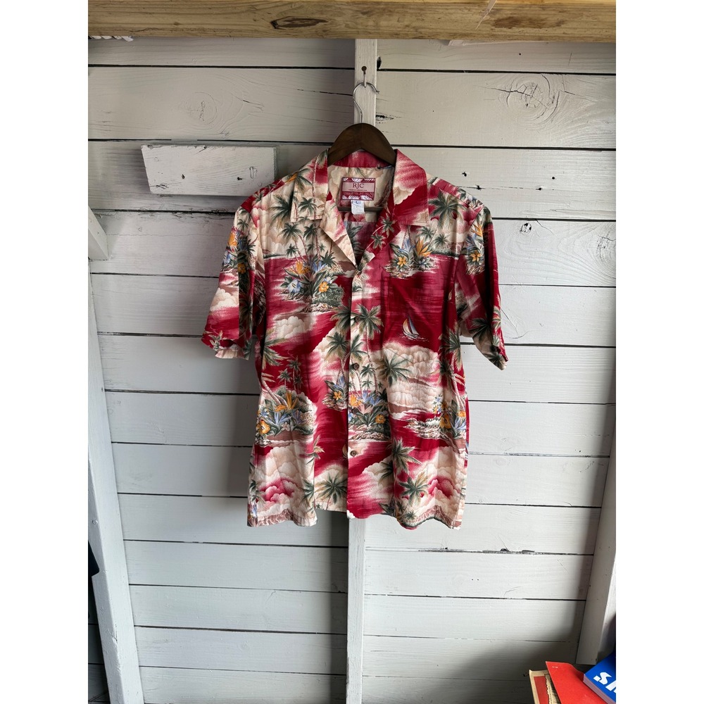RJC Hawaiian Shirt Mens Large Red Tropical Palm Tree Sailboat Made in USA Cotton